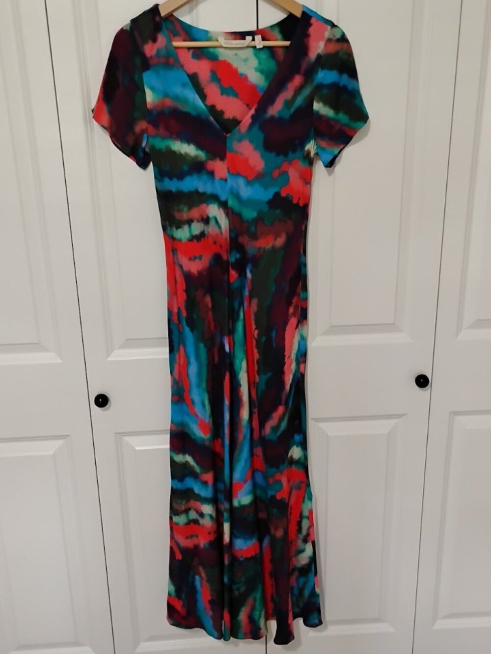 Soft Surroundings Women's Blue Green Zina Watercolor V-Neck Maxi Dress Size S
